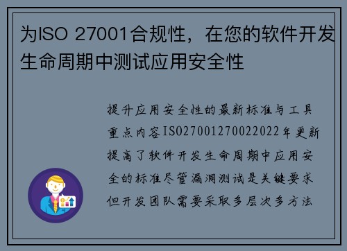 为ISO 27001合规性，在您的软件开发生命周期中测试应用安全性 